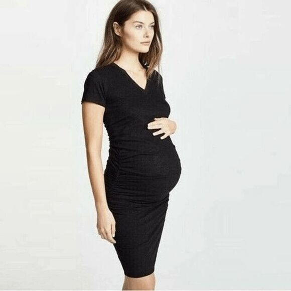 Monrow Dresses & Skirts - Monrow Mommy Women's Black V Neck Ruched Midi Maternity Dress Size L